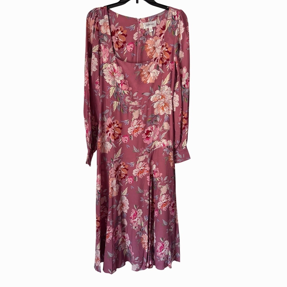 Yumi Kim Floral Midi Dress S Pink Long Sleeve Square Neck Slit NWOT
